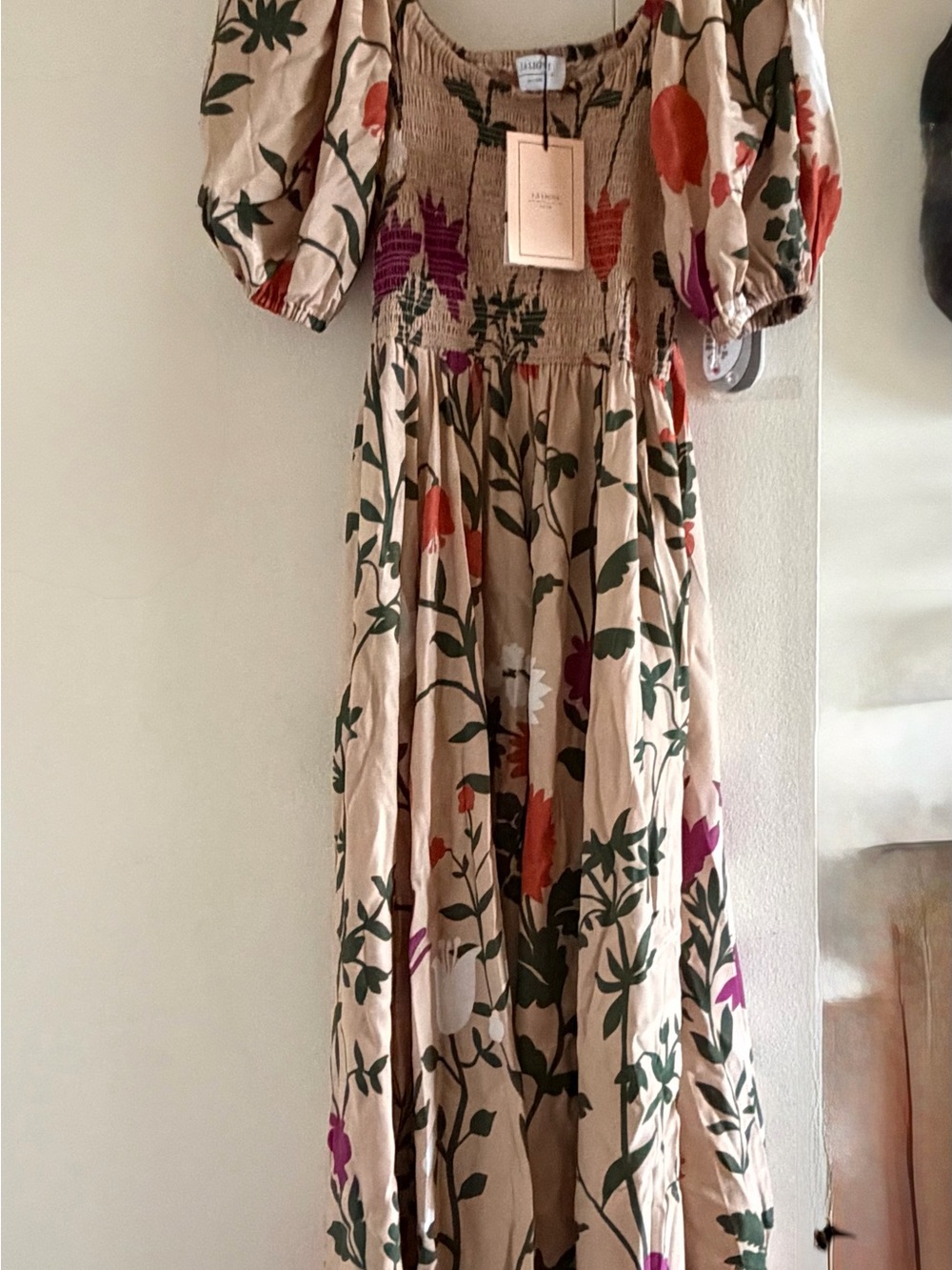 La Ligne Pink and Beige Floral Smocked Maxi Dress